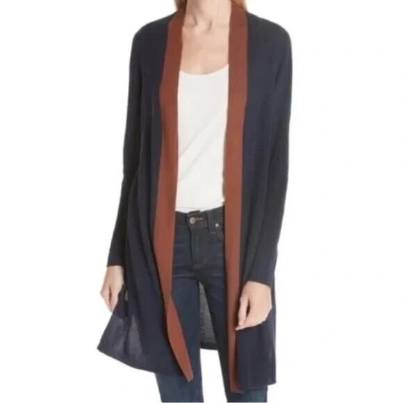 Eileen Fisher Womens Open Front Duster Cardigan Sweater Navy Brown Side Slits LP - Picture 1 of 9
